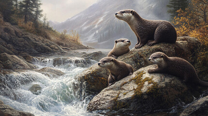 Fototapeta premium A family of otters playing by a rocky stream, with lichen-covered granite stones forming the riverbank, and a gentle mist rising from the water. 