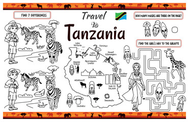 A fun placemat for kids. Printable &ldquo;Travel to Tanzania&rdquo; activity sheet with a labyrinth and find the differences. 17x11 inch printable vector file