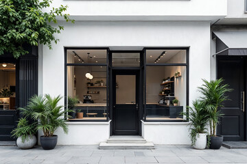 Minimalist Coffee Shop Facade with Large Windows, Matte Black Door, and Green Plants in an Urban Setting