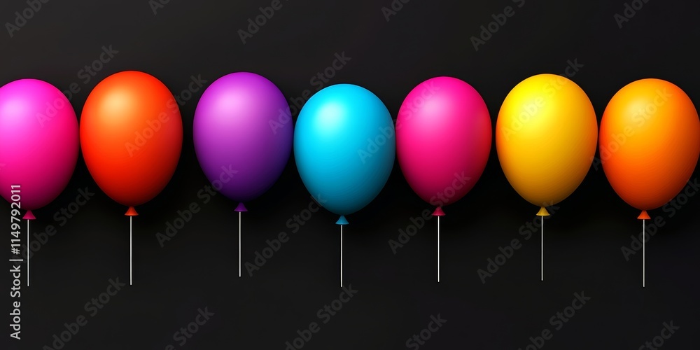 Poster Row of colorful balloons with a black background. The balloons are arranged in a line, with the first balloon on the left and the last balloon on the right. The balloons are of different colors