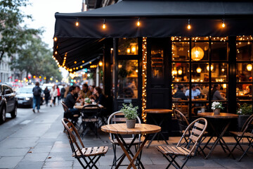 Outdoor Cafe with table and chairs on a city street in the evening. Cozy Seating and Relaxed Urban Ambiance