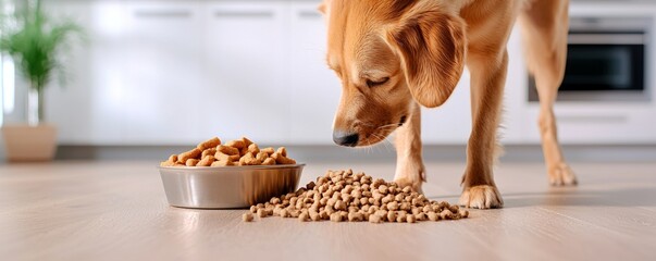 A dog is sniffing around its food bowl, with kibble scattered on the floor in a bright kitchen setting.