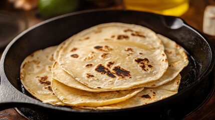 Tortillas warm in a cast iron skillet.