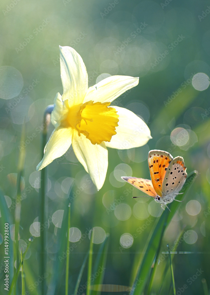 Poster narcissus flower in the grass in the morning dew and a butterfly in spring in nature close-up macro.