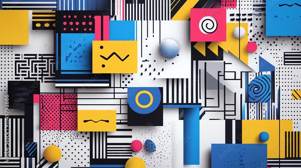 Poster abstract geometric pattern with vibrant colors and 3d elements.