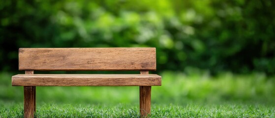 Fototapeta premium Wooden bench in a lush green park setting.