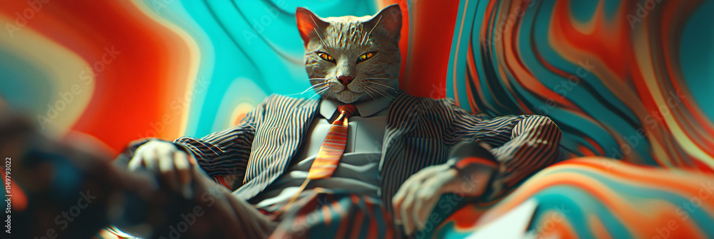 Poster a feline figure in a sharp suit, lounging on a pile of financial reports, with vibrant patterns swir