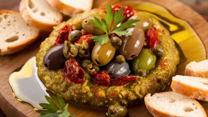 Tapenade of Mediterranean olives, capers and sun-dried tomatoes. Tapenade is beautifully served on a wooden board surrounded by slices of crusty bread.
