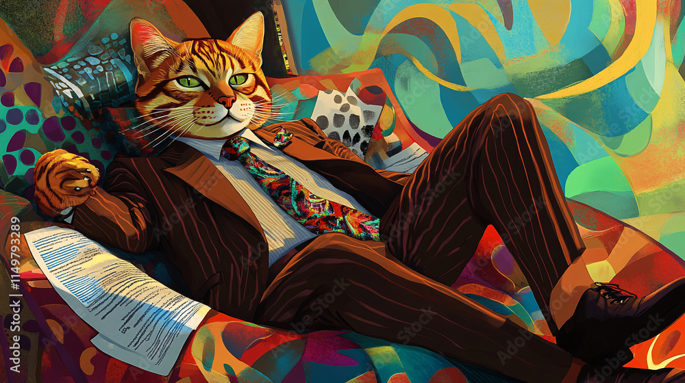 Poster a feline figure in a sharp suit, lounging on a pile of financial reports, with vibrant patterns swir