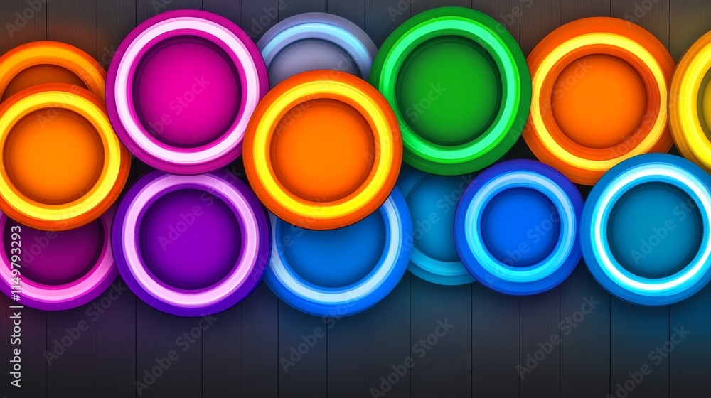 Poster colorful array of circles with neon lights. the circles are of different sizes and colors, creating 