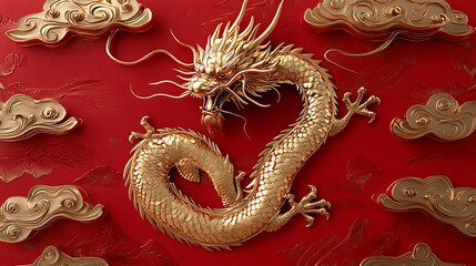 Fototapeta premium Luxurious red canvas with golden dragon zodiac elements celebrating Chinese New Year 2024