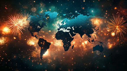 An artistic representation of a world map with fireworks going off in major cities around the globe, celebrating the universal joy of welcoming a new year.
