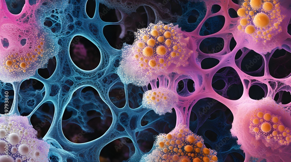Poster exploring cellular structures under microscope laboratory scientific imagery abstract environment cl