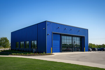 Obraz premium Blue industrial building with large glass door and windows, surrounded by greenery under a clear blue sky, representing modern commercial architecture and industrial design.