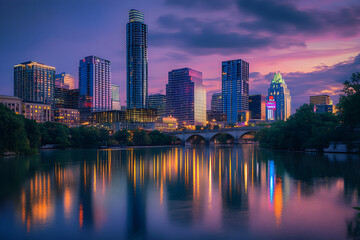 Fototapeta premium Illuminated Metropolis at Twilight with Modern and Historic Architecture