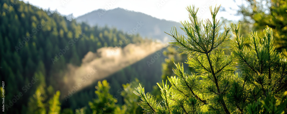Poster panoramic shot of high altitude forest with vapor and sunlight filtering through trees, creating serene atmosphere