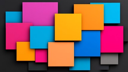 Colorful collage of squares with a black background. The squares are in various colors and sizes, creating a vibrant and dynamic composition. Concept of creativity and playfulness