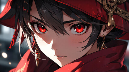 Fototapeta premium Gorgeous red-eyed girl in red hoodie with bold embroidery and layered jewelry walking through city streets Anime Wallpaper