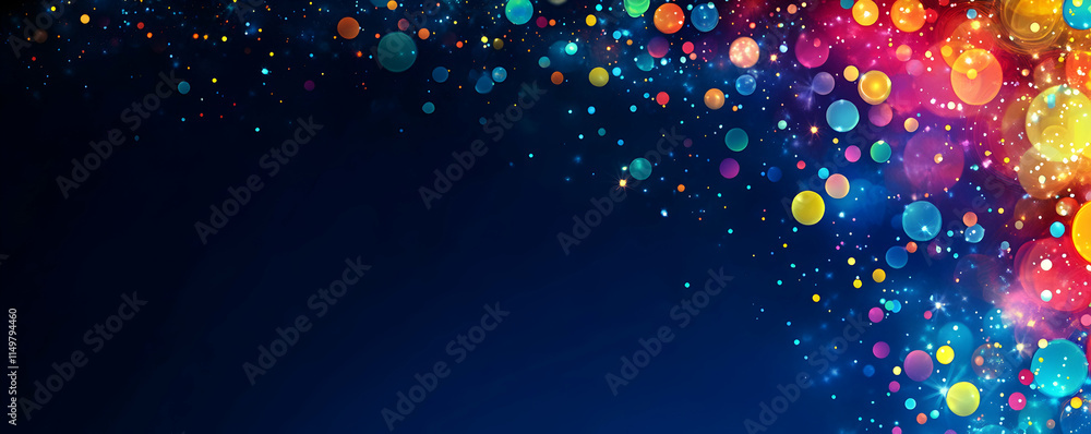 Poster a vibrant abstract background with colorful circles and sparkles on a dark backdrop.