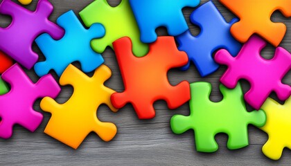 Fototapeta premium Colorful jigsaw puzzle with pieces of different colors. Concept of creativity and fun, as the puzzle pieces are arranged in a visually appealing manner