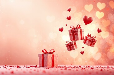 Gift boxes of different sizes, hovering on the air, Valentine's Day, February 14, red and pink background, floating hearts, golden shimmer, horizontal banner, post card.