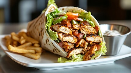 A chicken shawarma wrap filled with lettuce, tomatoes, and garlic sauce displayed on a clean white plate 