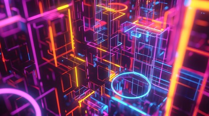 Fototapeta premium Vibrant neon abstract geometry digital space 3d render futuristic environment close-up visual concept
