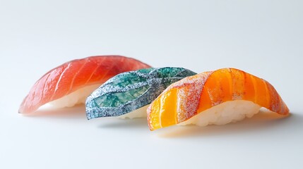 A close-up of colorful nigiri sushi with fresh shrimp, eel, and salmon displayed on a minimal white background