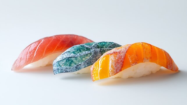 A close-up of colorful nigiri sushi with fresh shrimp, eel, and salmon displayed on a minimal white background 