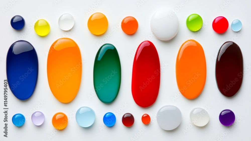 Poster collection of colorful glass beads arranged in a row. the beads come in various colors and sizes, cr