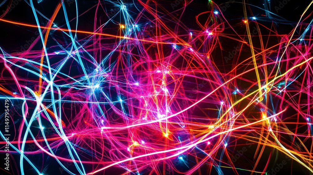 Poster vibrant light trails create dynamic abstract art digital environment colorful composition nighttime 