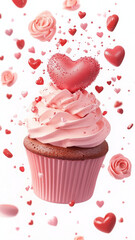 Delicious cupcake topped with pink frosting and heart decorations, perfect for celebrations