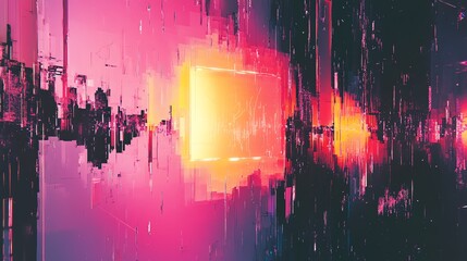 Obraz premium An abstract digital art piece in shades of pink, yellow, red, white, and black. It is reminiscent of a television screen with static or a computer screen with a glitch.