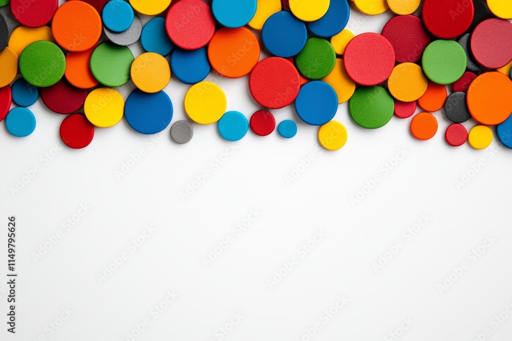 Poster colorful array of small circles on a white background. the circles are of different colors and sizes