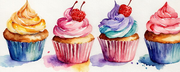 Colorful watercolor painting of four delicious cupcakes topped with swirls of frosting and cherries on a white background