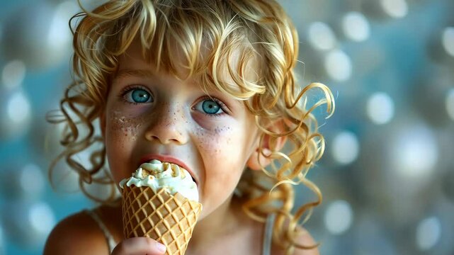 Young child enjoys ice cream cone on a sunny day with bright blue eyes and curly hair