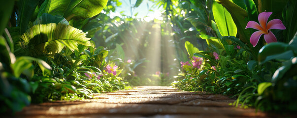 vibrant jungle path with rising mist and sunlight illuminating flowers