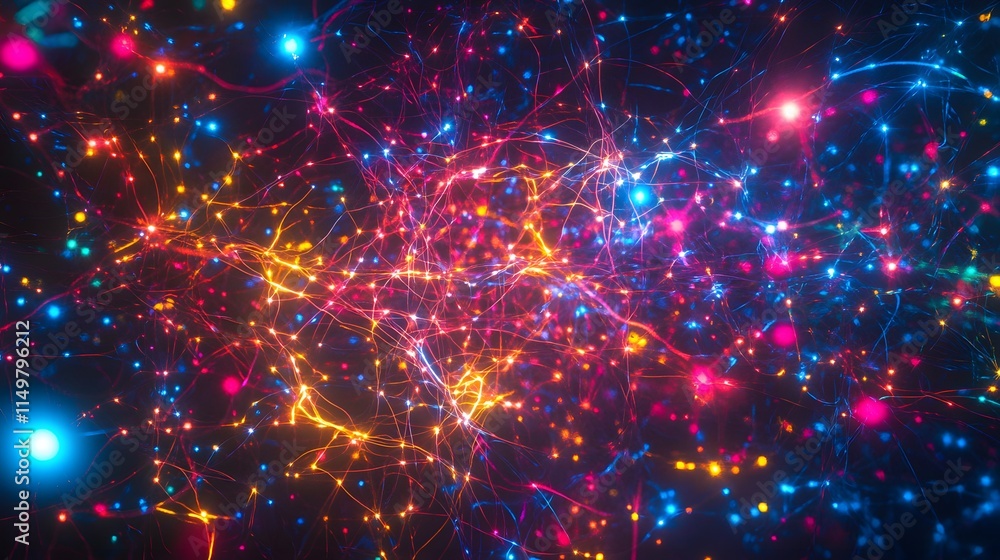Poster dynamic cosmic network of colorful lights digital universe abstract art high-tech environment wide v