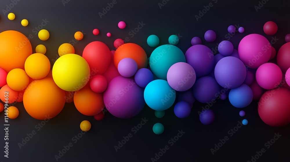 Poster colorful line of spheres on a black background. the spheres are of different colors and sizes, creat