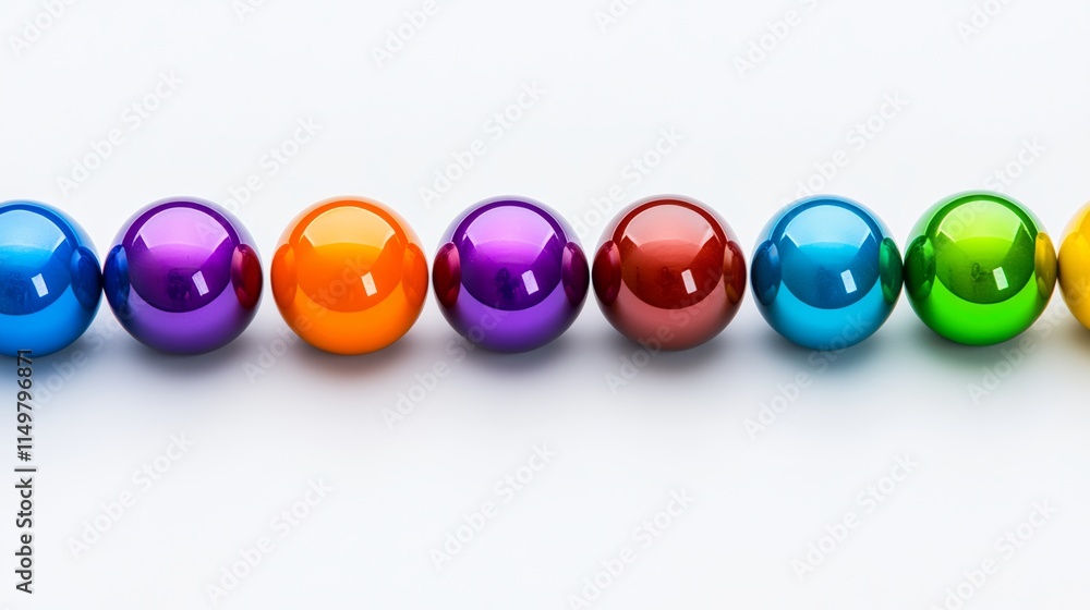 Poster Row of colorful balls are lined up on a white background. The balls are of different colors and sizes, creating a visually appealing and vibrant display