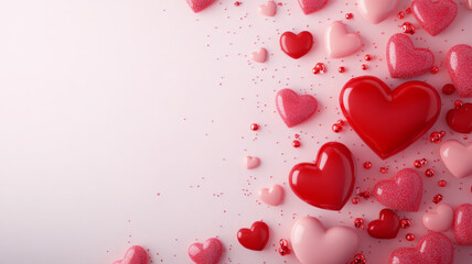 Colorful hearts scattered on light background create romantic atmosphere