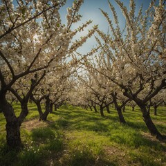 A springtime orchard with fruit blossoms hinting at the bounty to come.

