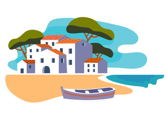 Mediterranean landscape with town and boat flat style vector illustration