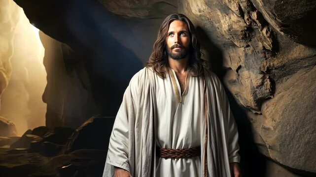 Cinematic portrayal of a religious figure in a cave setting illuminated by soft light