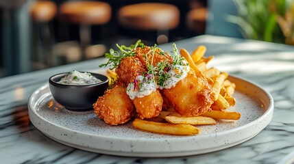 A serving of crispy battered fish and golden fries on a white ceramic plate with a side of tartar sauce 