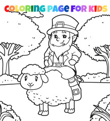 St Patrick is riding a sheep with a garden in the background coloring page illustration