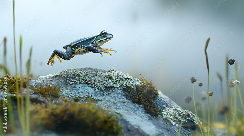 Poster a frog leaping across a lichen-covered rock, with the surrounding fog softly glowing in the twilight