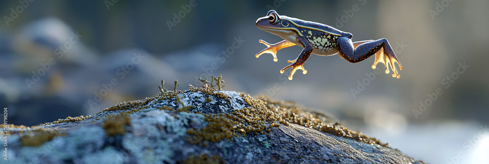 Poster a frog leaping across a lichen-covered rock, with the surrounding fog softly glowing in the twilight