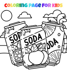 Summer season with soda drinks outline coloring page vector illustration