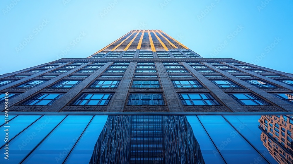Poster low angle view of a skyscraper reflecting in a glass building.